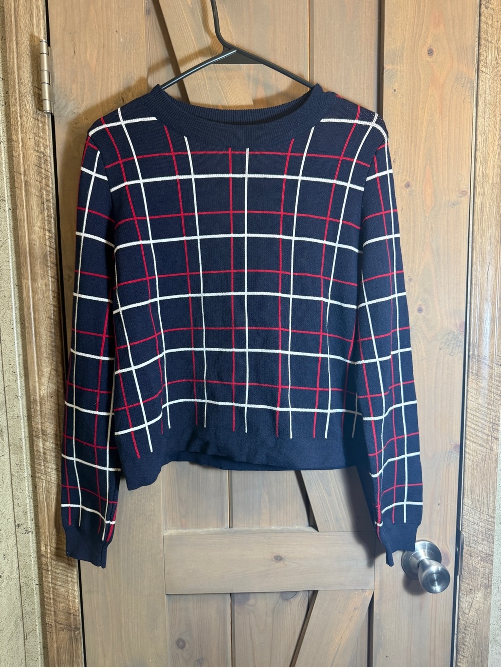 Navy Windowpane Knit Sweater with White and Red Grid